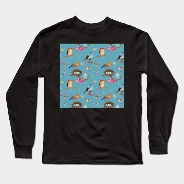 Wingspan All Over Print Blue - Gaming Art Long Sleeve T-Shirt by MeepleDesign